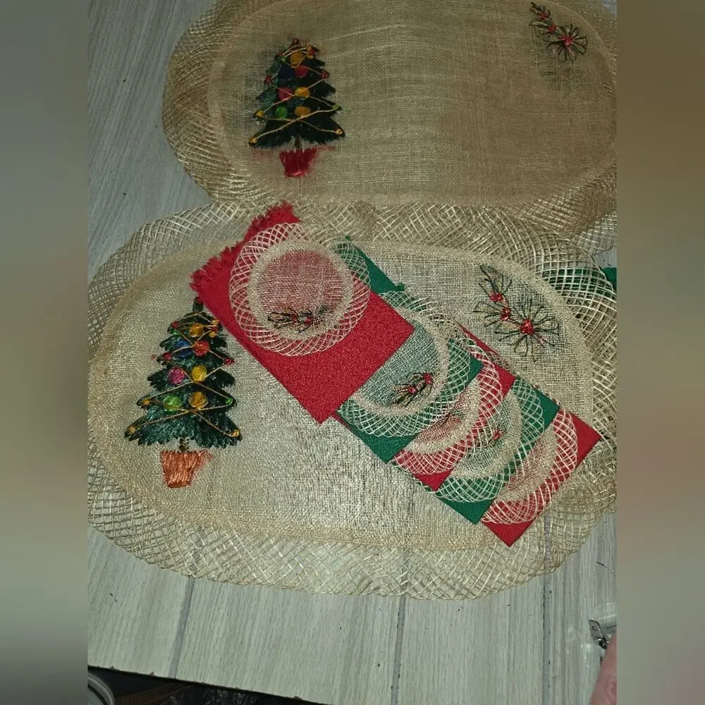Vtg Christmas Tree Woven Raffia Oval Placemats Coasters Napkins Holiday Boho